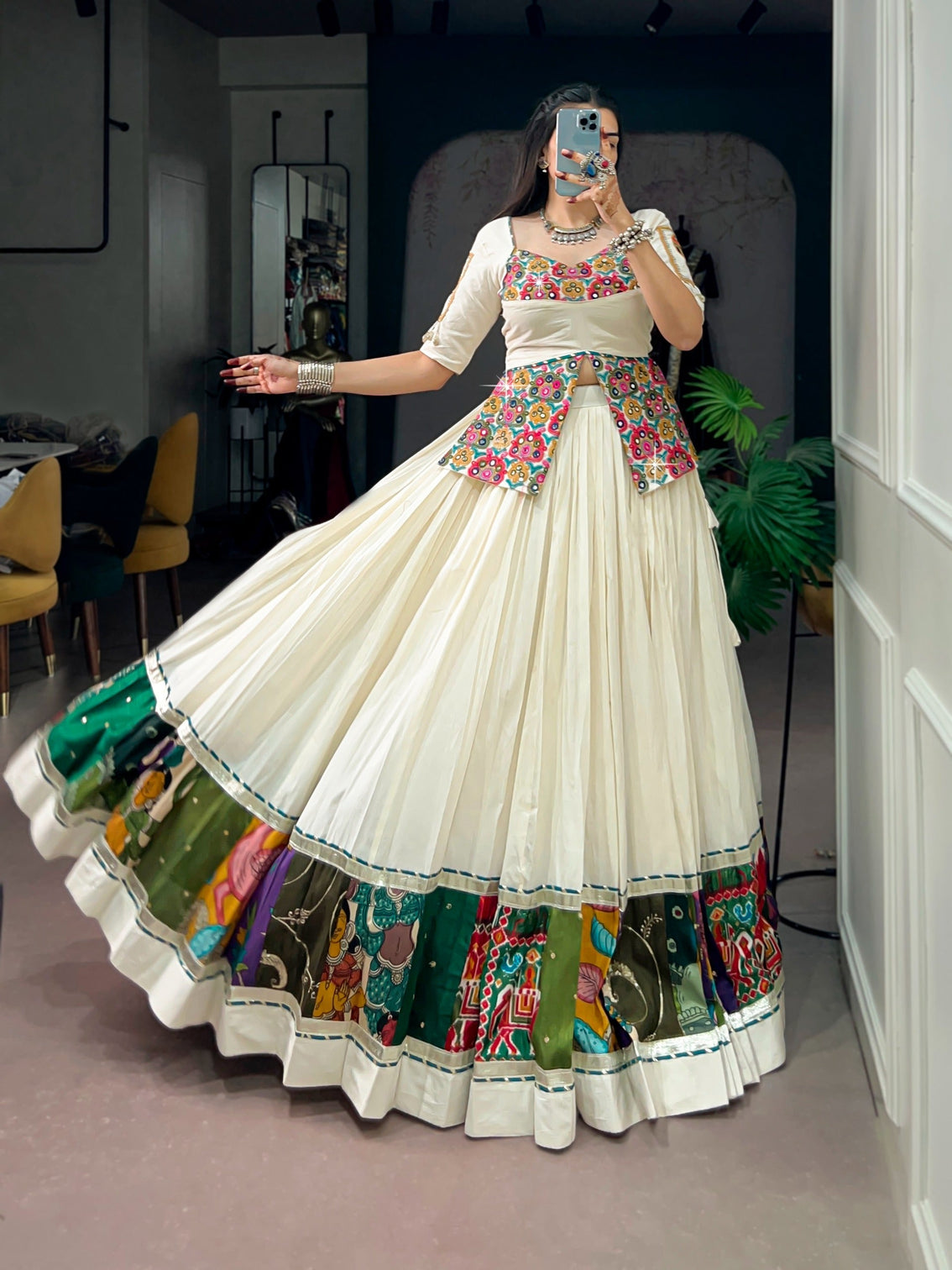 White Cotton Gamthi Work Lehenga Set