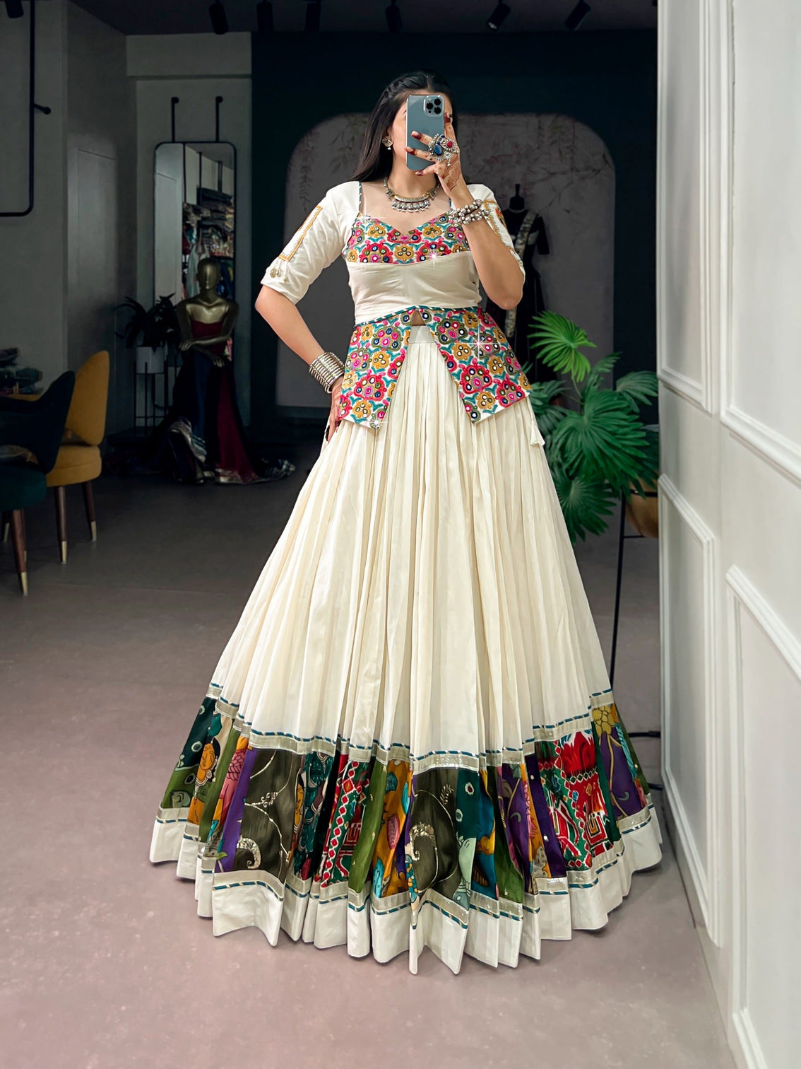 White Cotton Gamthi Work Lehenga Set