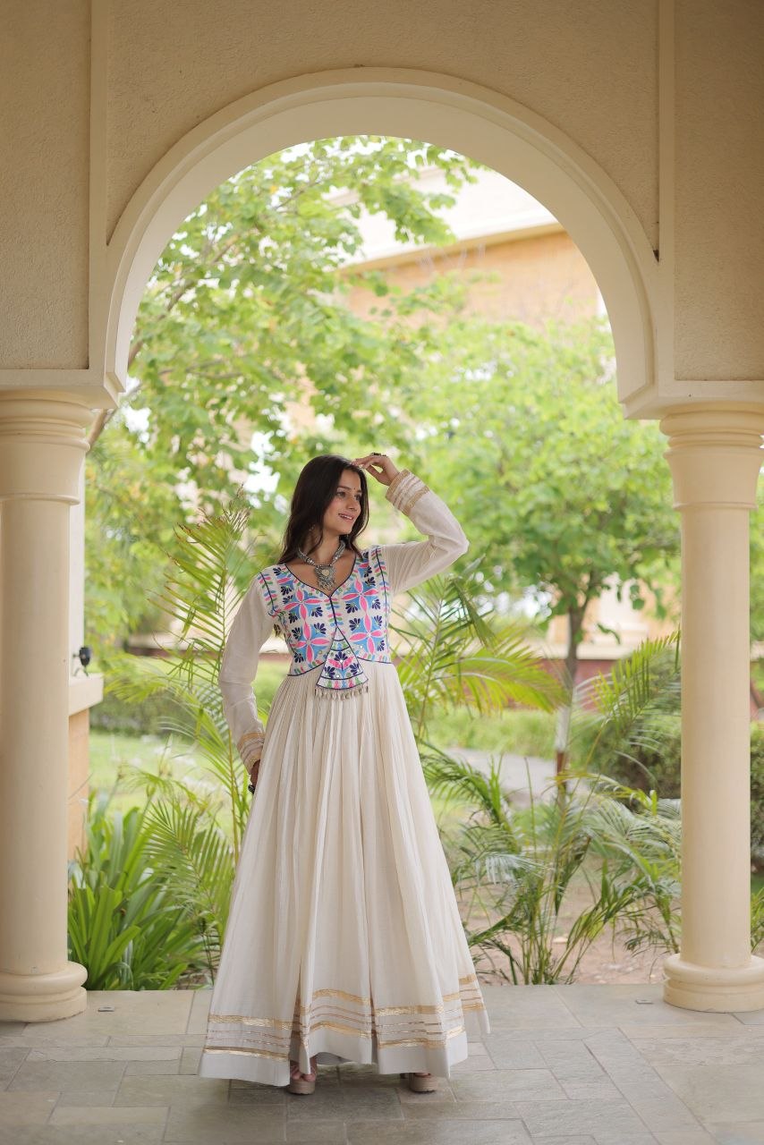 White Cotton Gota Patti Mirror Work Gown