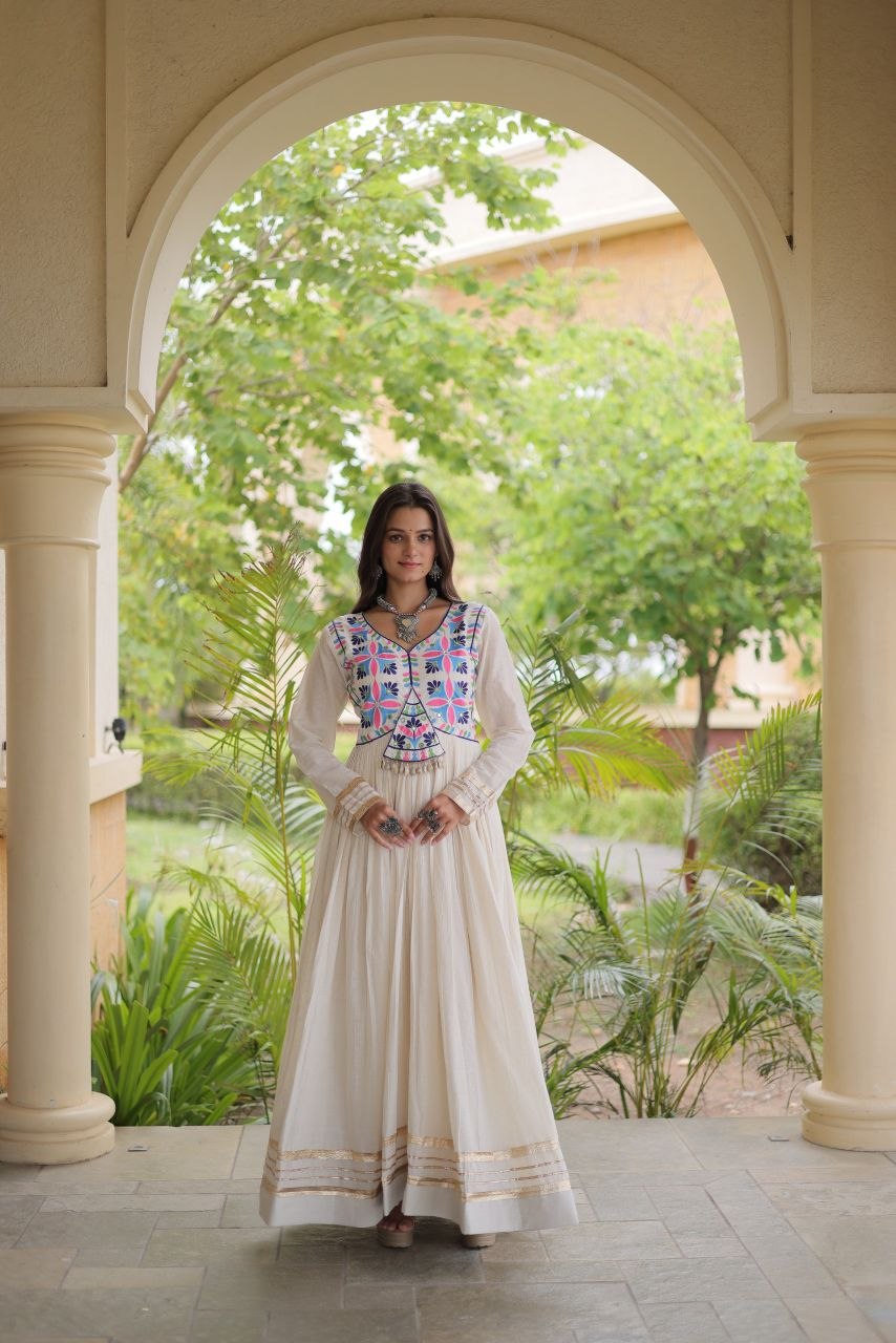 White Cotton Gota Patti Mirror Work Gown