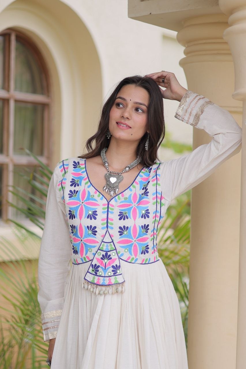 White Cotton Gota Patti Mirror Work Gown