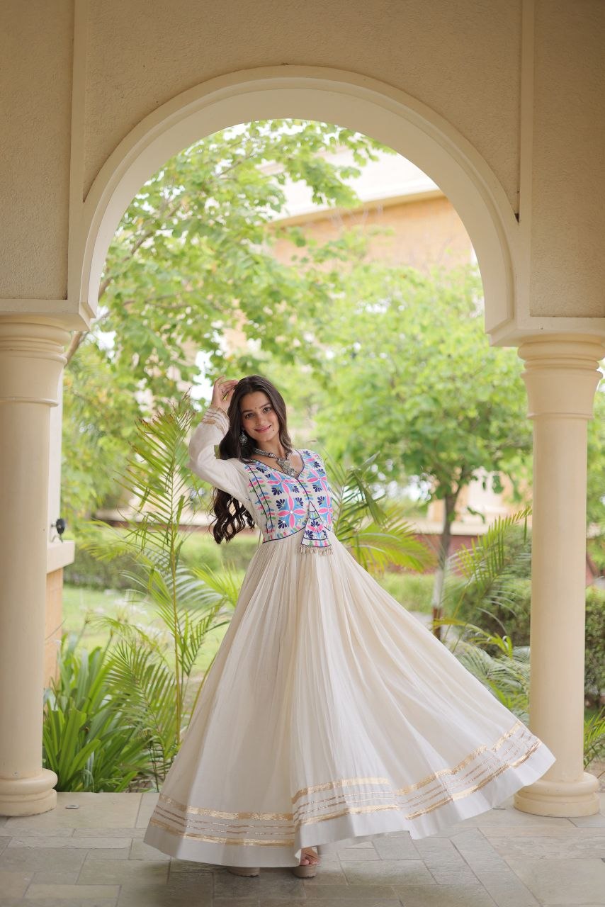 White Cotton Gota Patti Mirror Work Gown