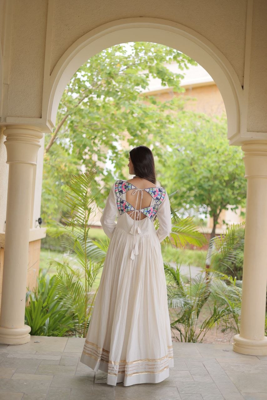White Cotton Gota Patti Mirror Work Gown