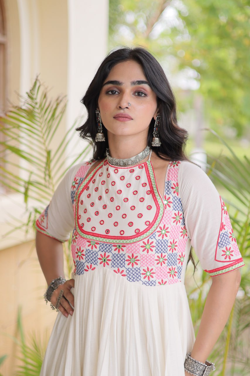 White Cotton Gown with Real Mirror Work