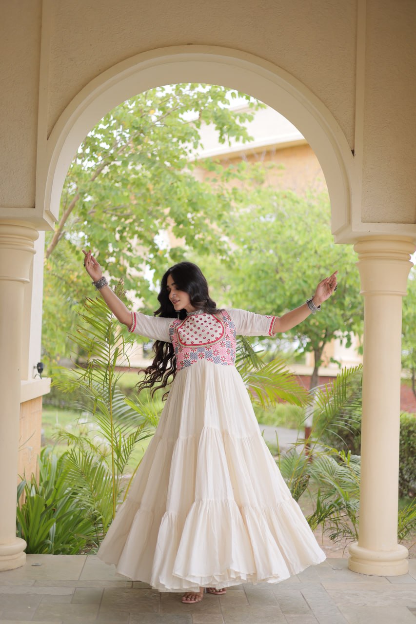 White Cotton Gown with Real Mirror Work