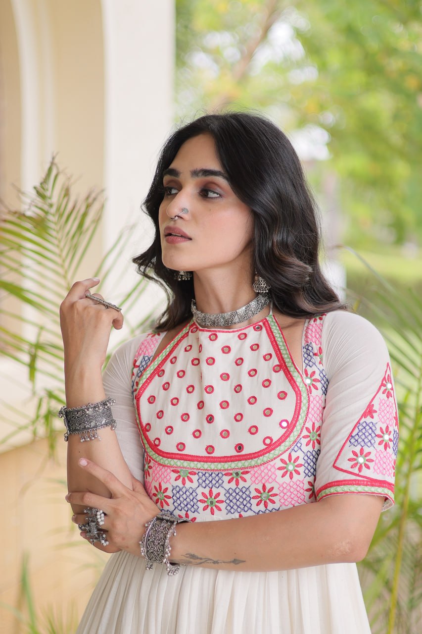 White Cotton Gown with Real Mirror Work