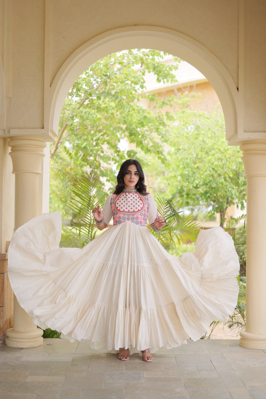 White Cotton Gown with Real Mirror Work