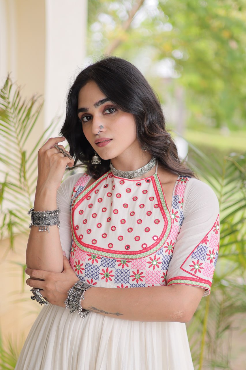 White Cotton Gown with Real Mirror Work