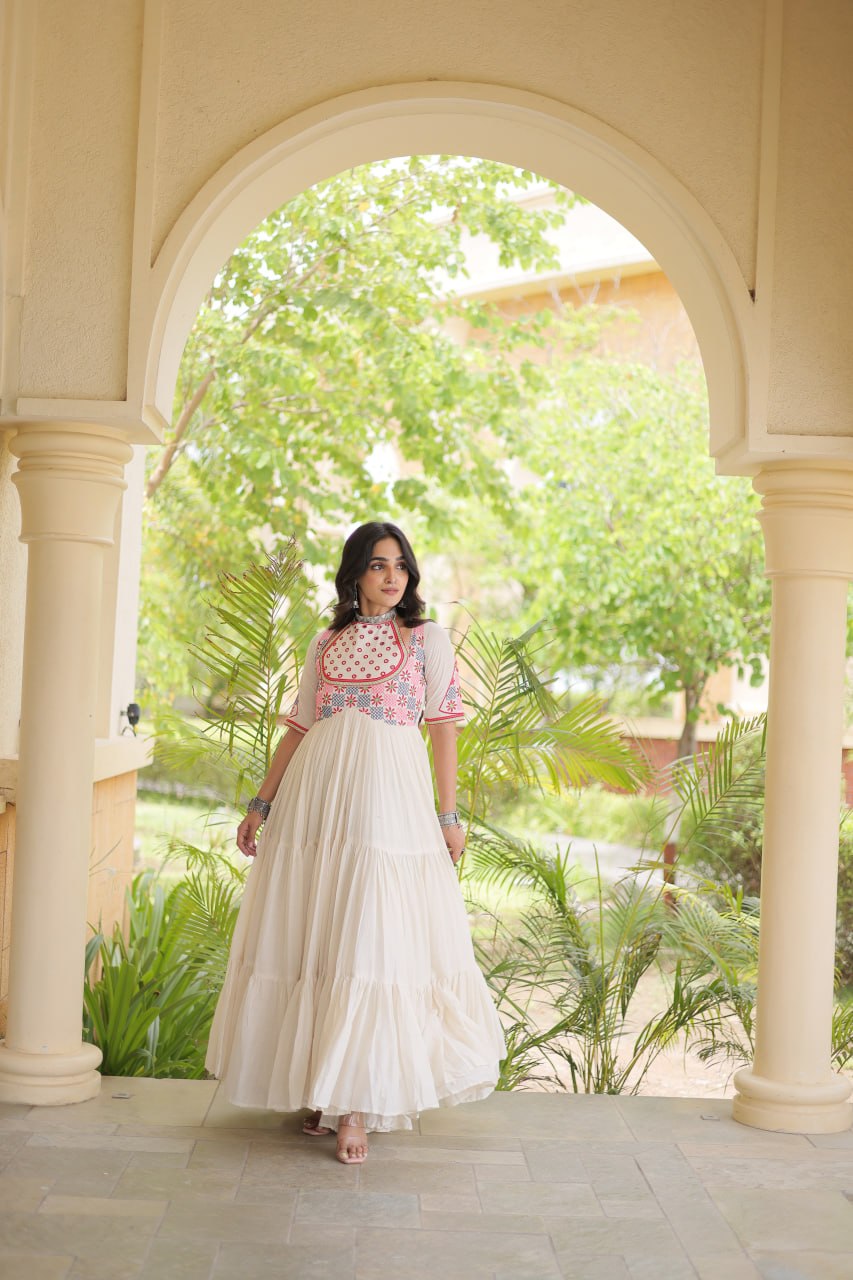 White Cotton Gown with Real Mirror Work