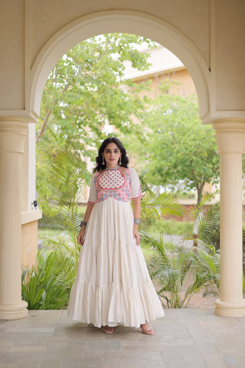 White Cotton Gown with Real Mirror Work
