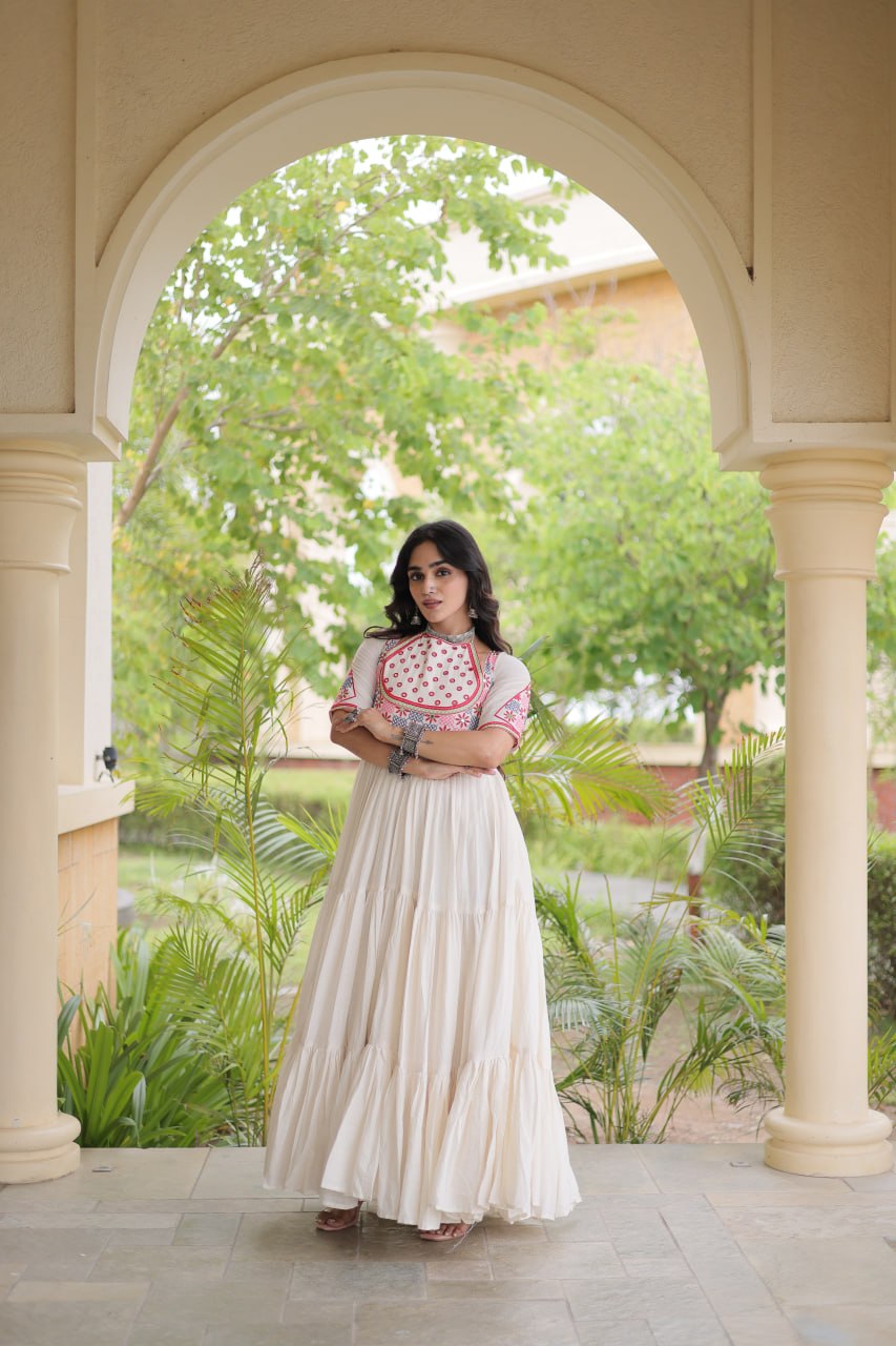 White Cotton Gown with Real Mirror Work