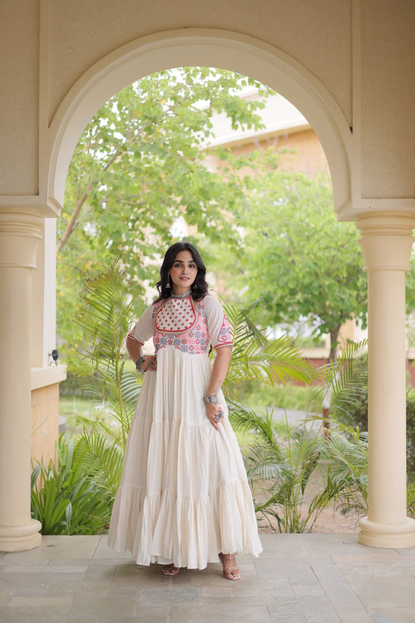 White Cotton Gown with Real Mirror Work
