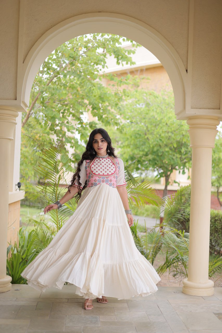 White Cotton Gown with Real Mirror Work