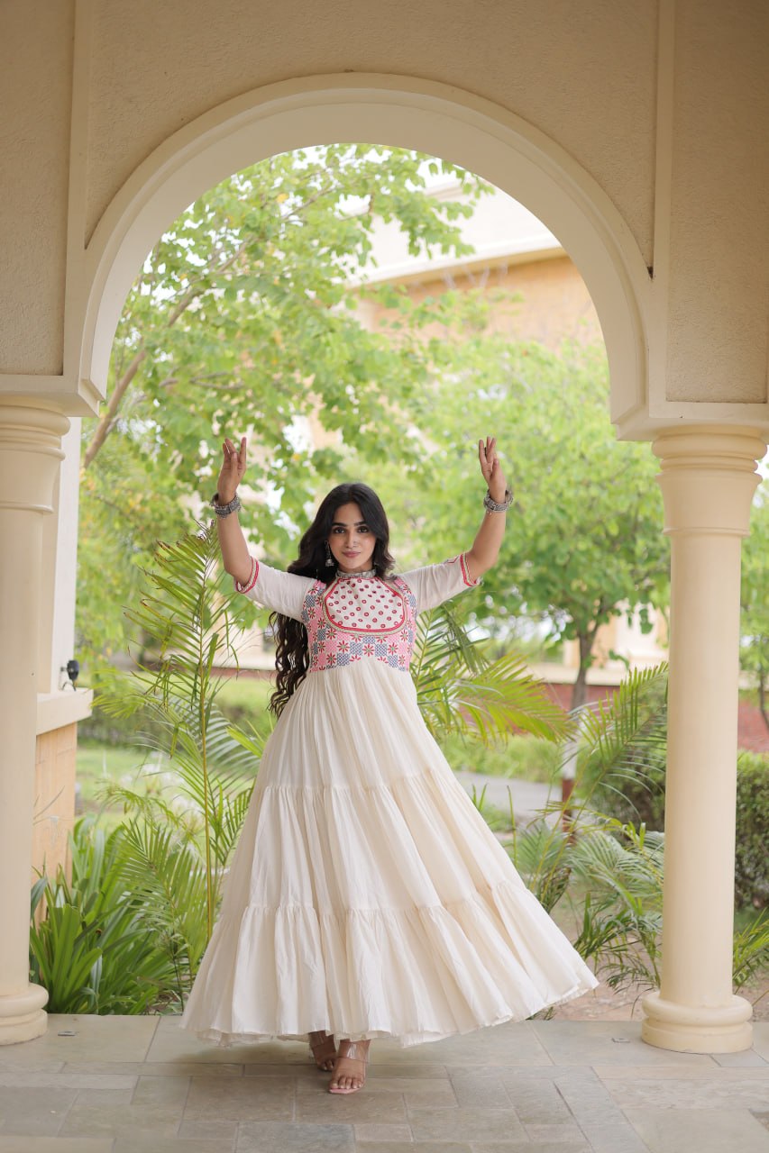 White Cotton Gown with Real Mirror Work