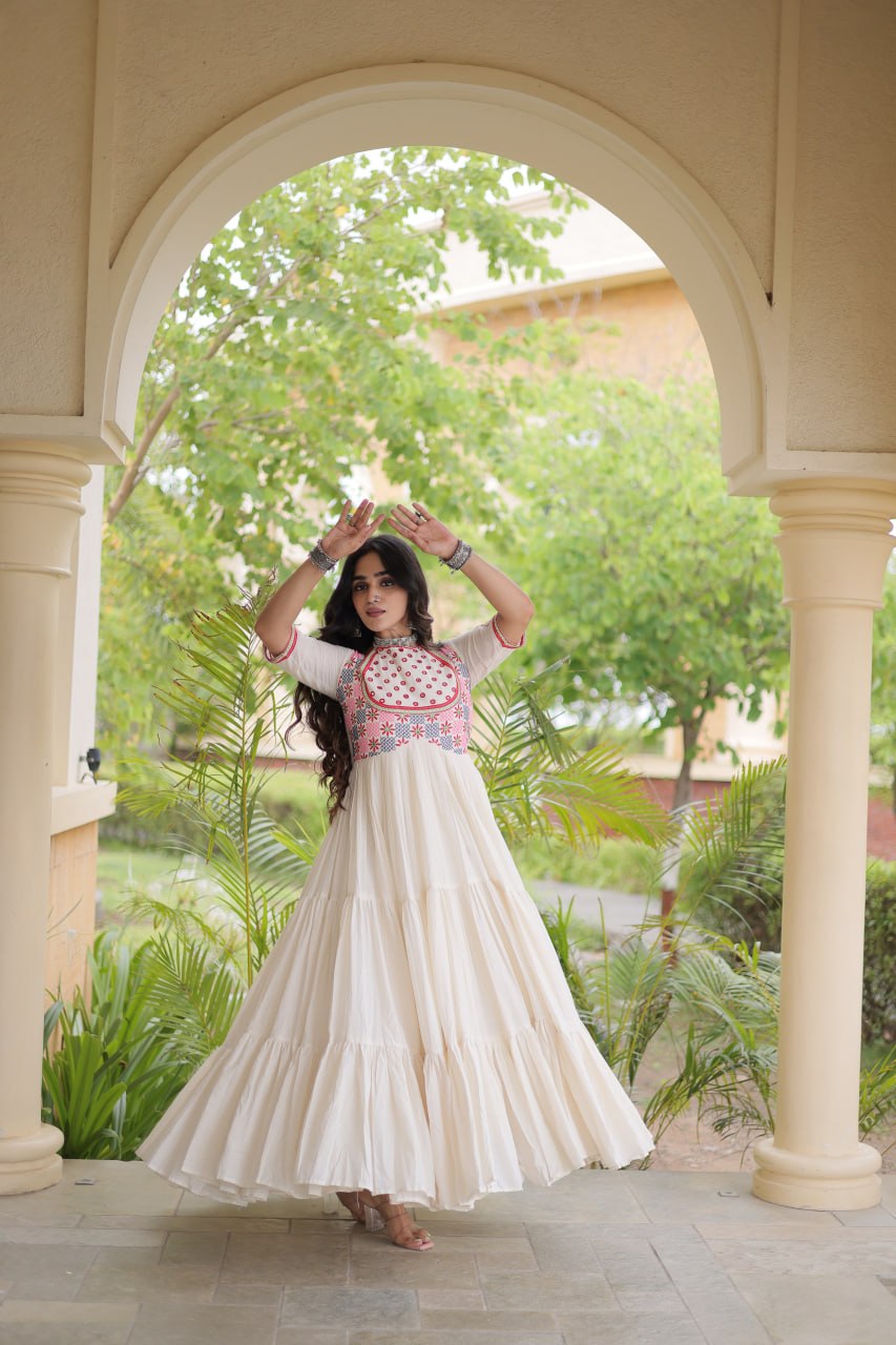 White Cotton Gown with Real Mirror Work