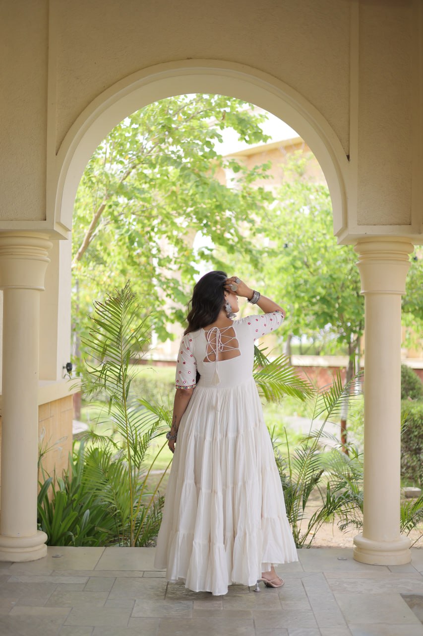 White Cotton Multi-Thread Embroidered Gown