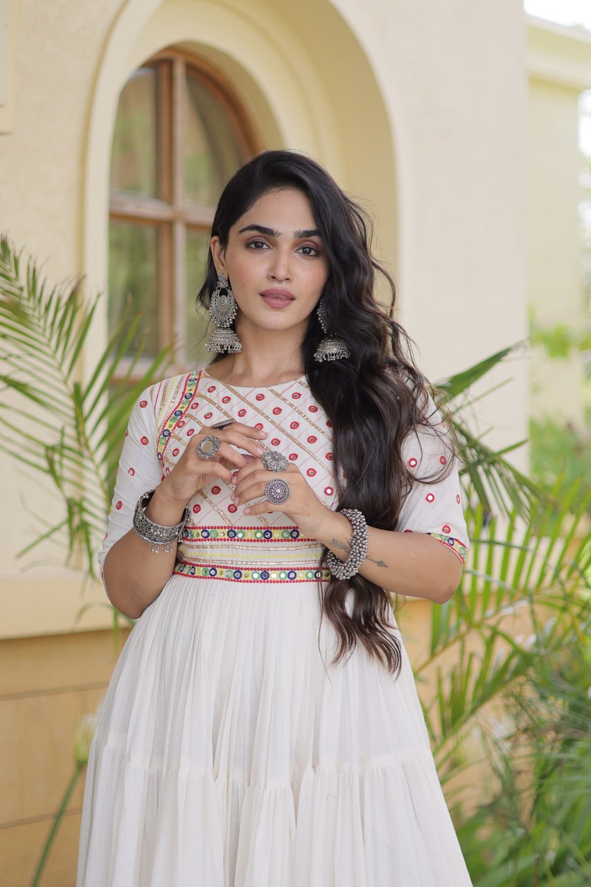 White Cotton Multi-Thread Embroidered Gown