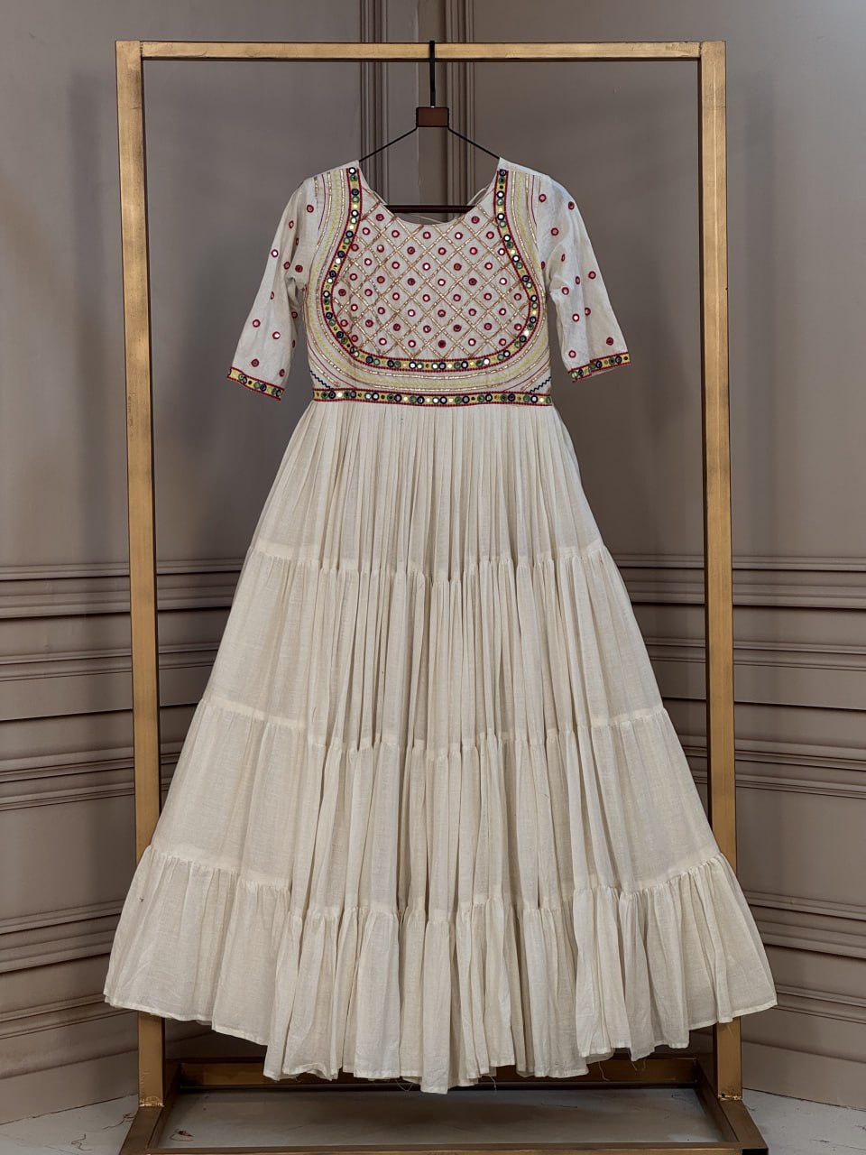 White Cotton Multi-Thread Embroidered Gown
