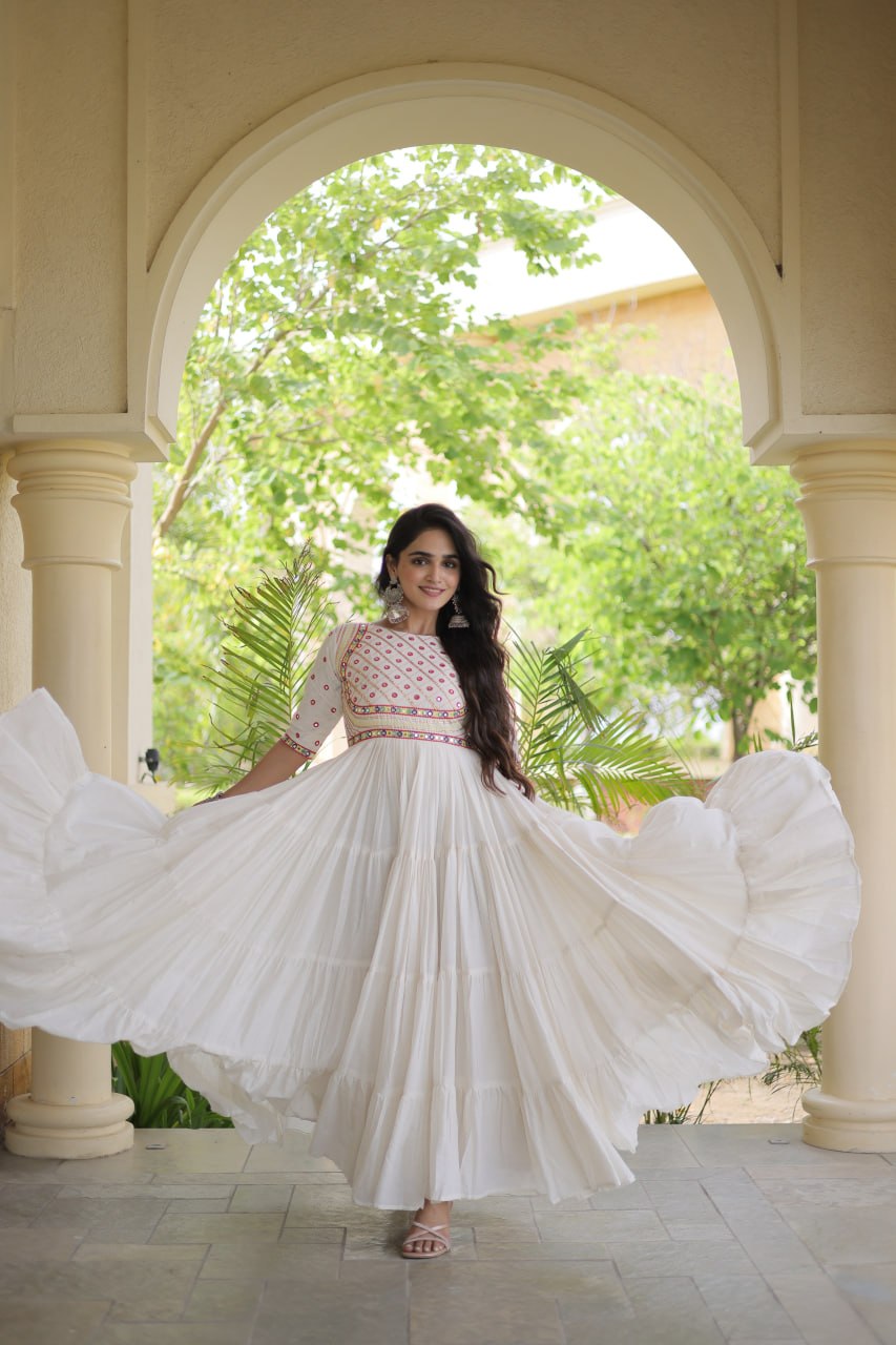 White Cotton Multi-Thread Embroidered Gown