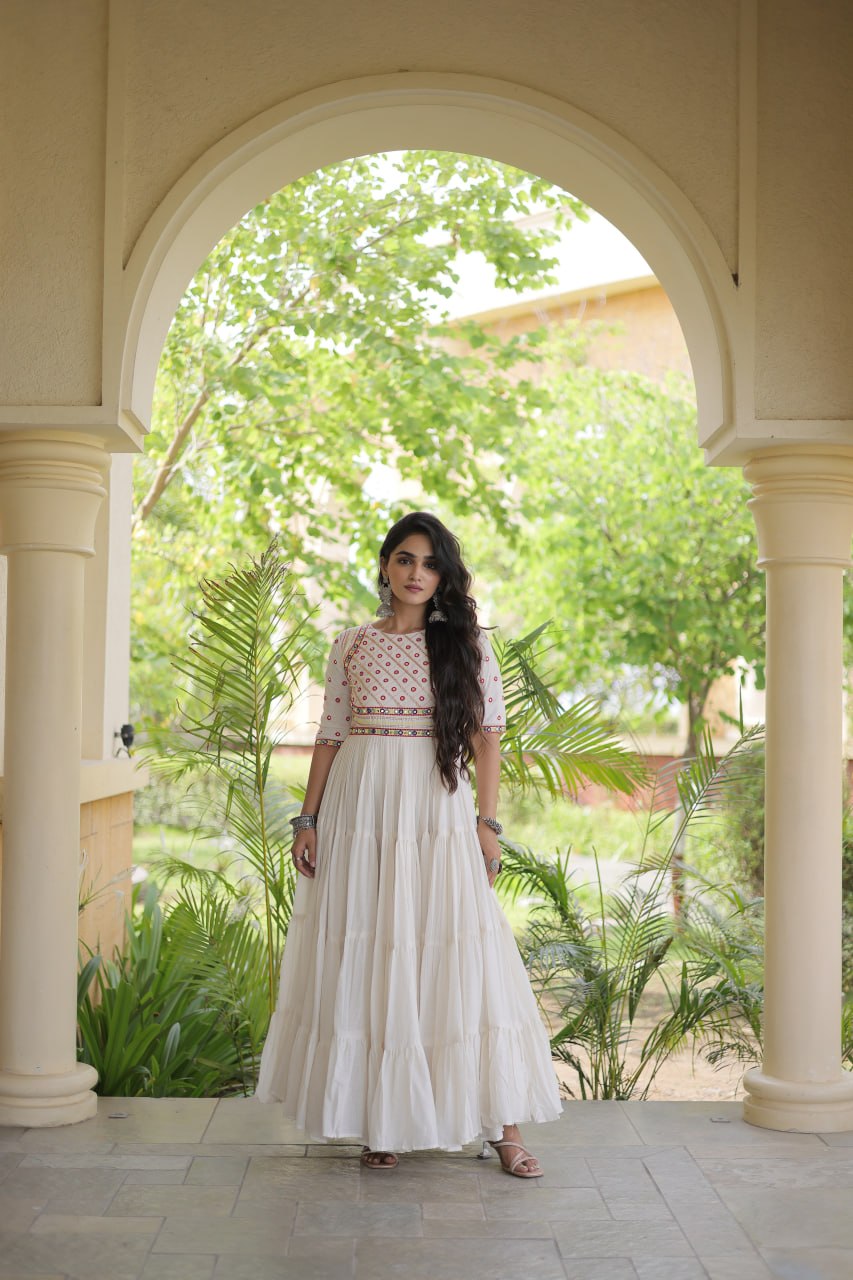 White Cotton Multi-Thread Embroidered Gown