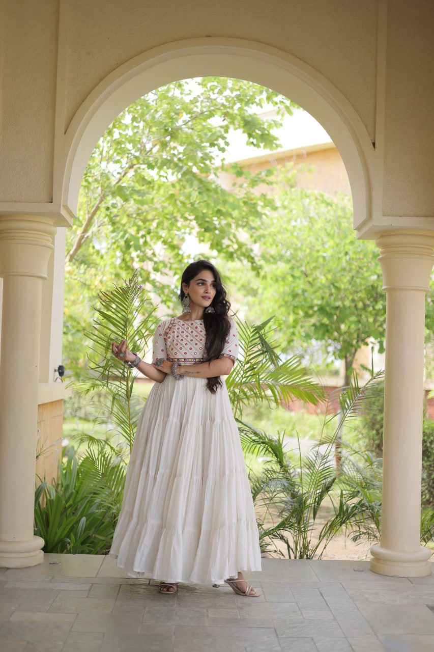 White Cotton Multi-Thread Embroidered Gown