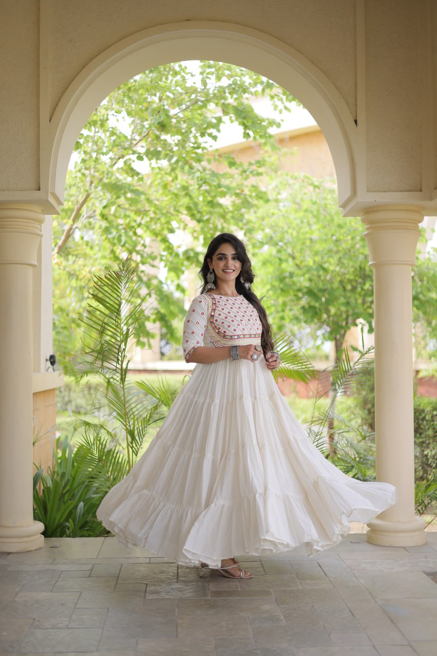 White Cotton Multi-Thread Embroidered Gown