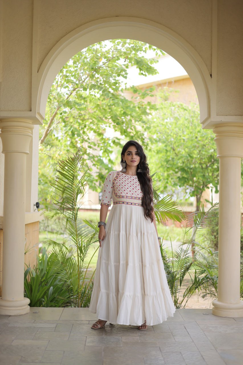 White Cotton Multi-Thread Embroidered Gown