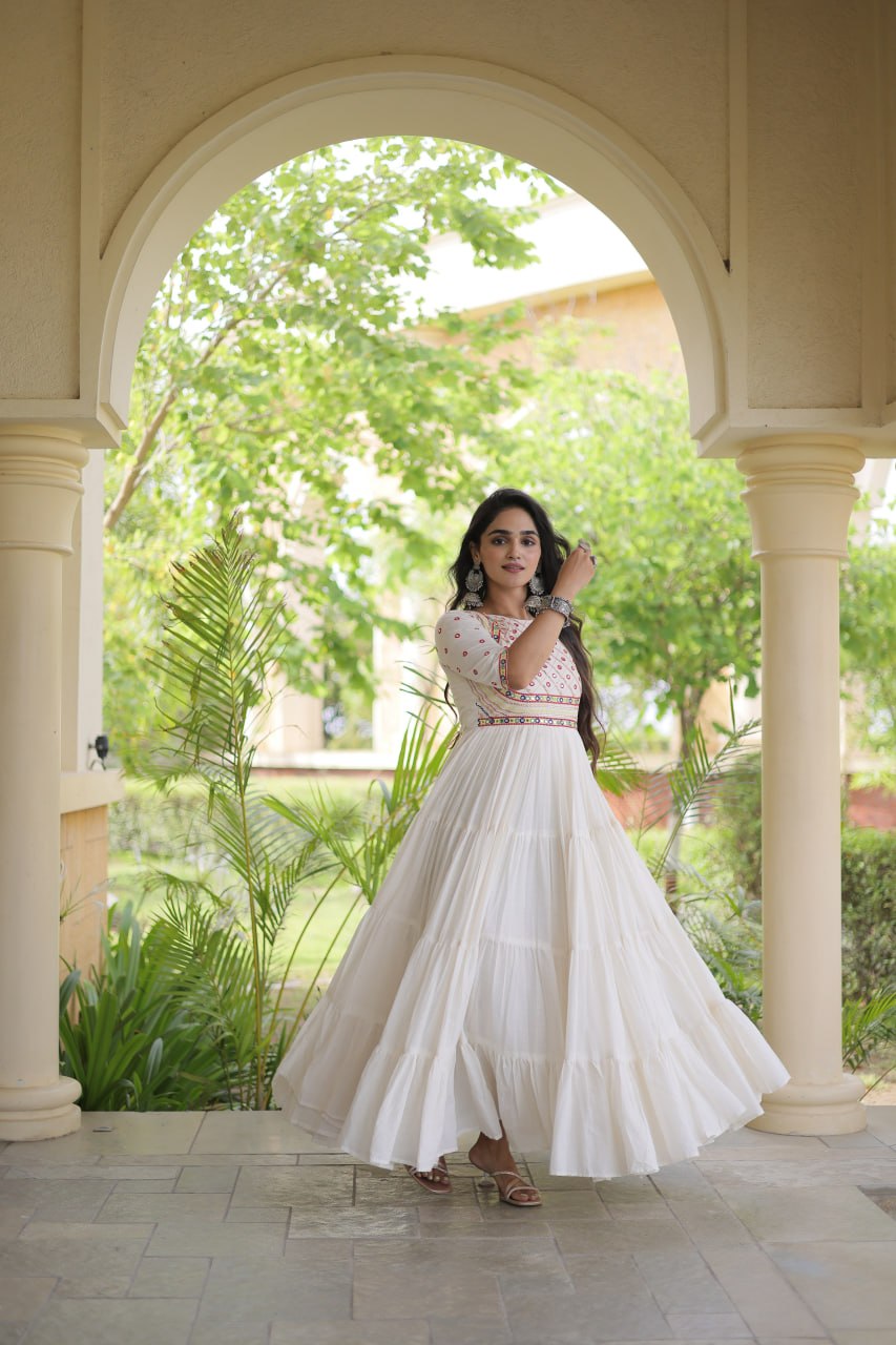 White Cotton Multi-Thread Embroidered Gown