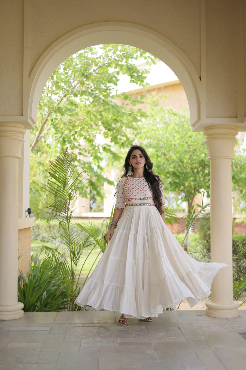 White Cotton Multi-Thread Embroidered Gown