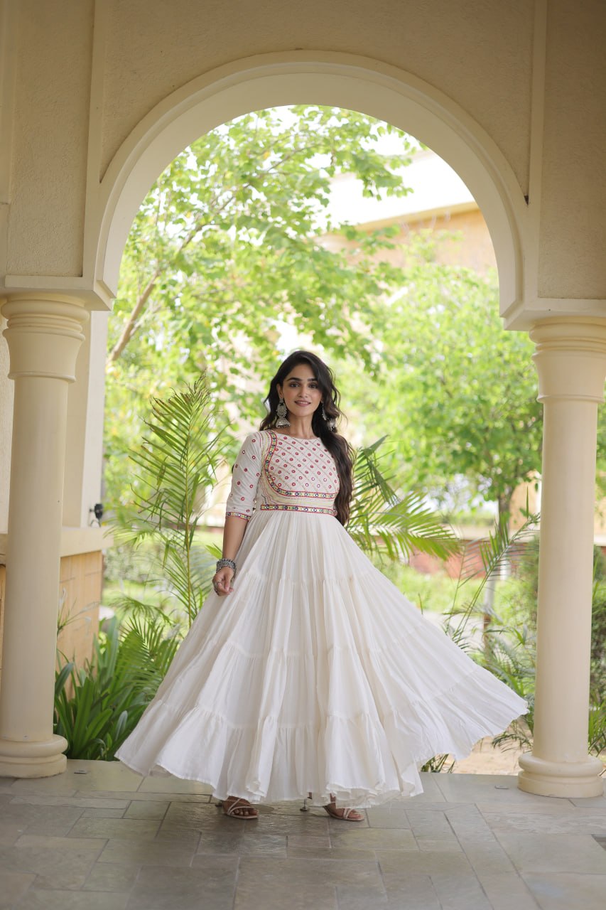 White Cotton Multi-Thread Embroidered Gown