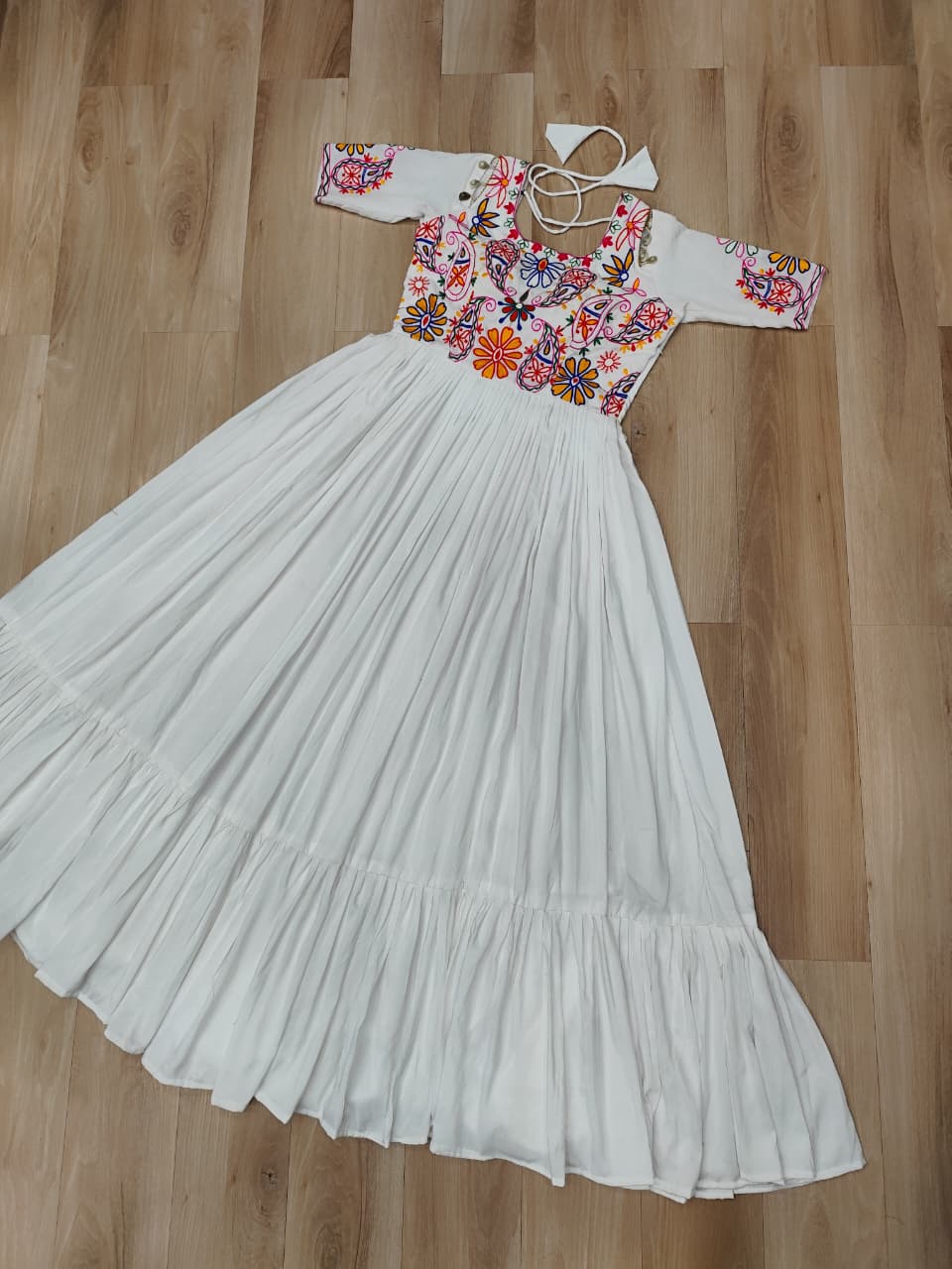 White Designer 14kg Rayon Gathering Frill Gown with Kutchi Gamthi Embroidery