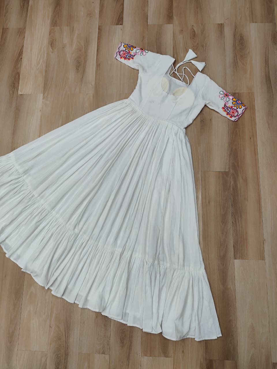 White Designer 14kg Rayon Gathering Frill Gown with Kutchi Gamthi Embroidery