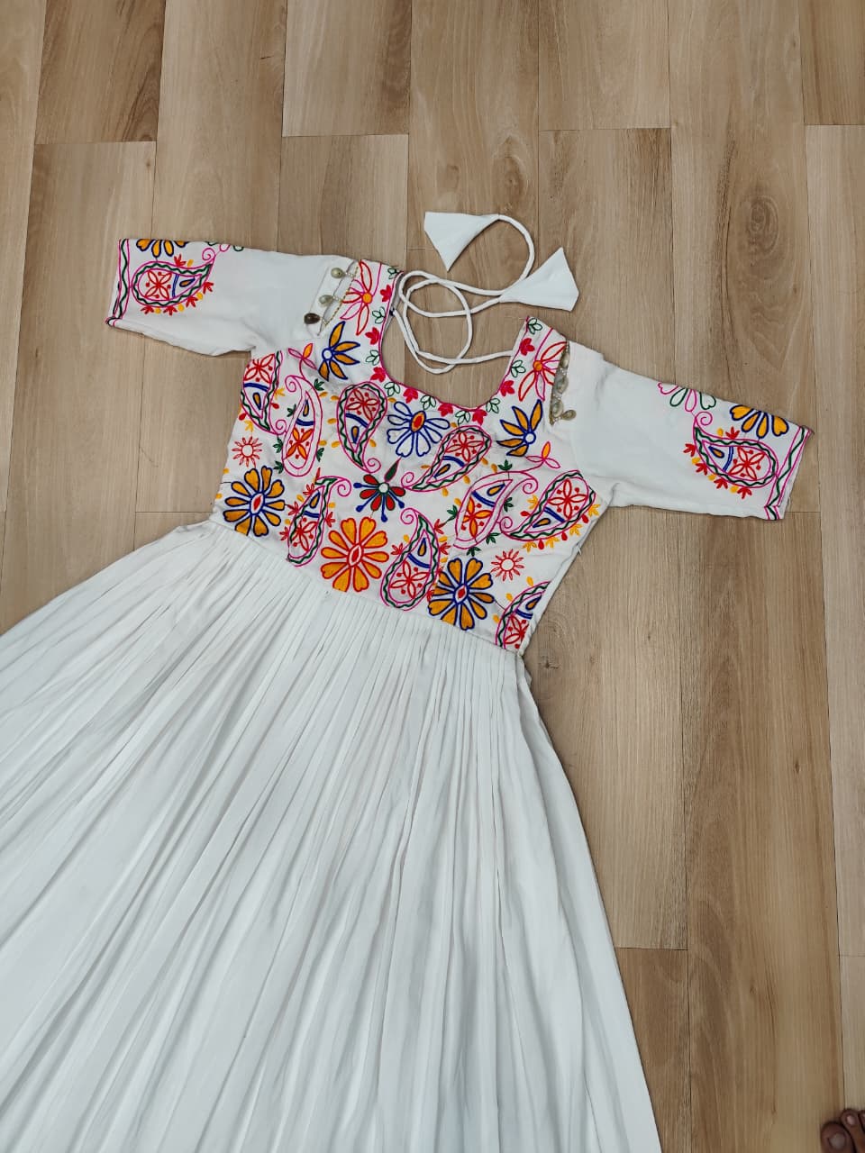 White Designer 14kg Rayon Gathering Frill Gown with Kutchi Gamthi Embroidery
