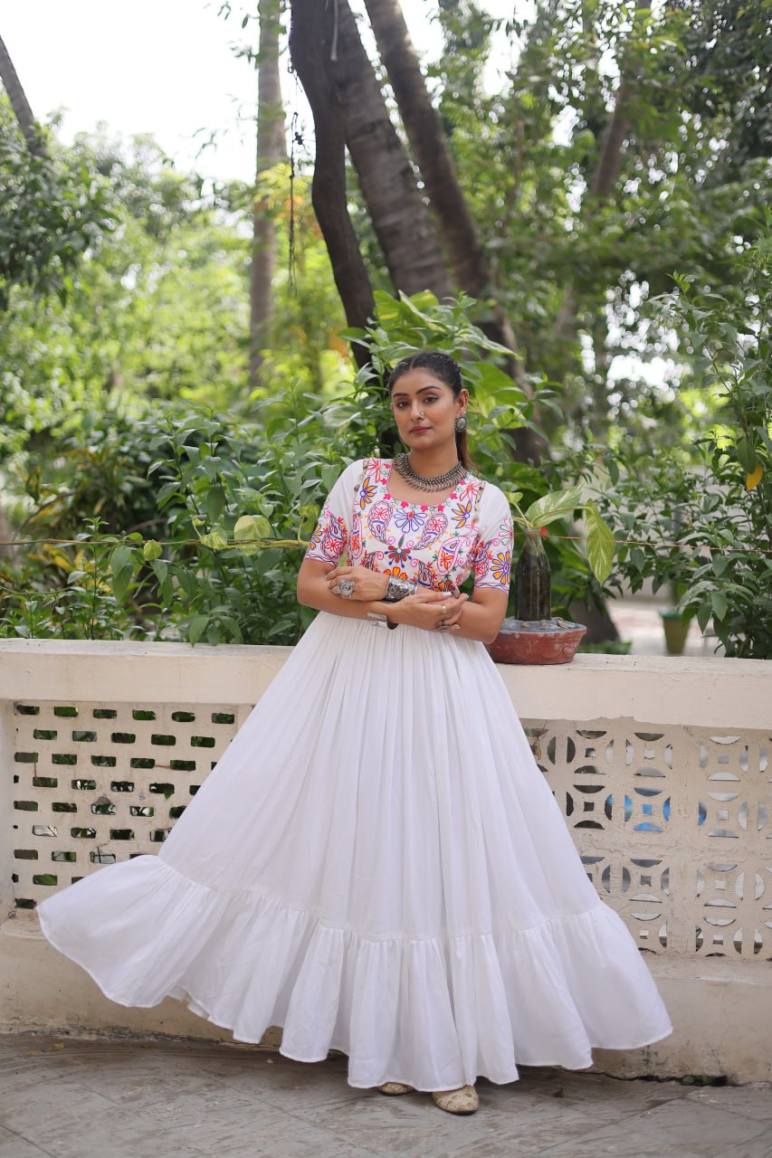 White Designer 14kg Rayon Gathering Frill Gown with Kutchi Gamthi Embroidery