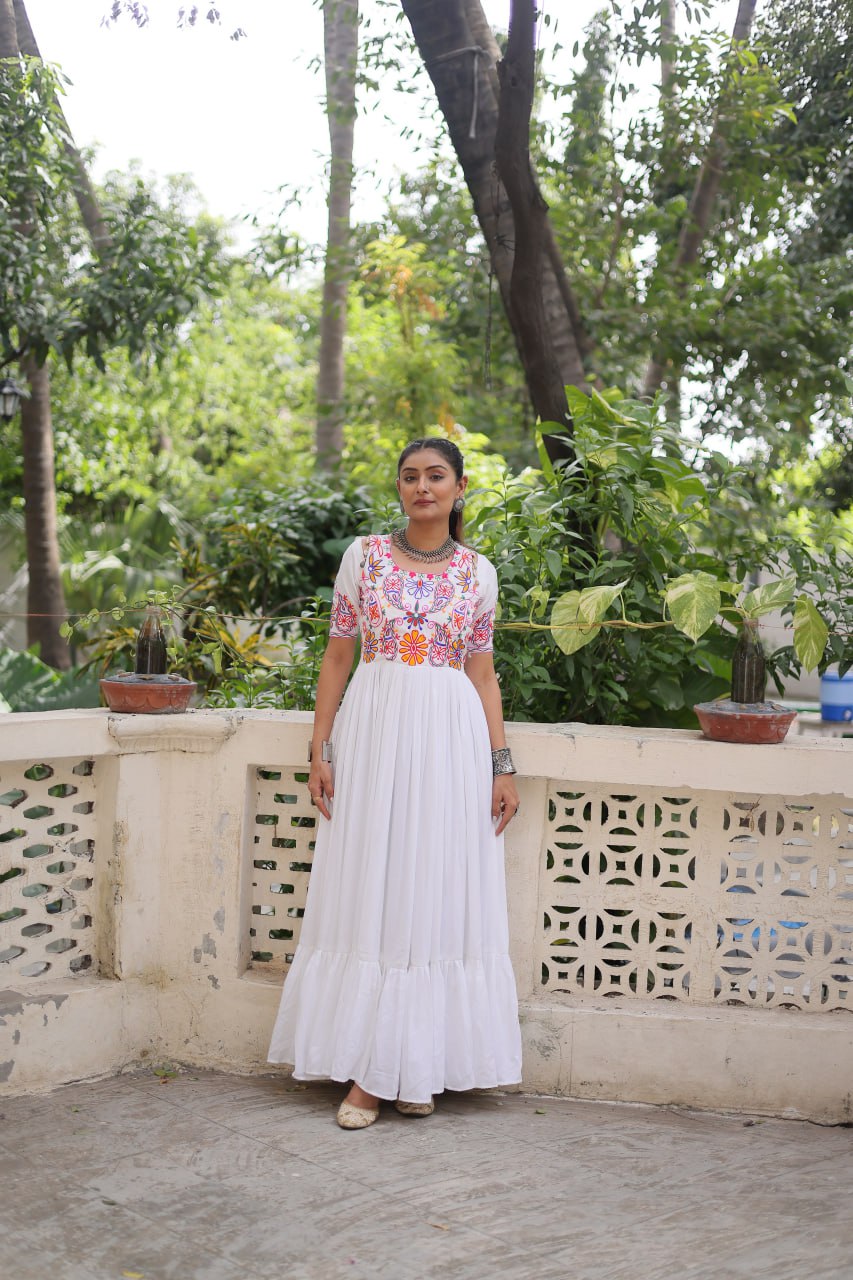 White Designer 14kg Rayon Gathering Frill Gown with Kutchi Gamthi Embroidery