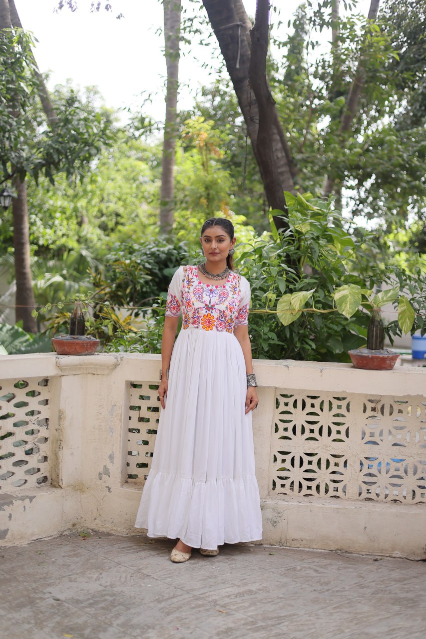 White Designer 14kg Rayon Gathering Frill Gown with Kutchi Gamthi Embroidery