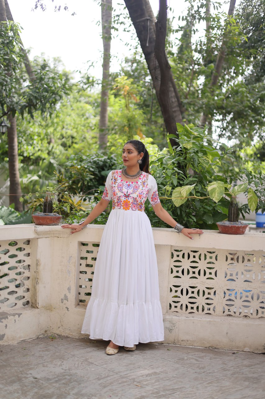 White Designer 14kg Rayon Gathering Frill Gown with Kutchi Gamthi Embroidery
