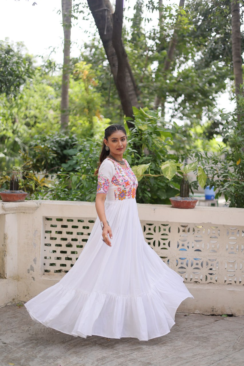 White Designer 14kg Rayon Gathering Frill Gown with Kutchi Gamthi Embroidery
