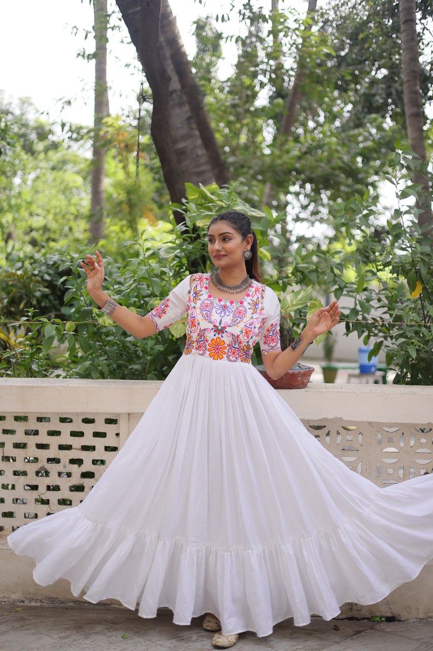 White Designer 14kg Rayon Gathering Frill Gown with Kutchi Gamthi Embroidery