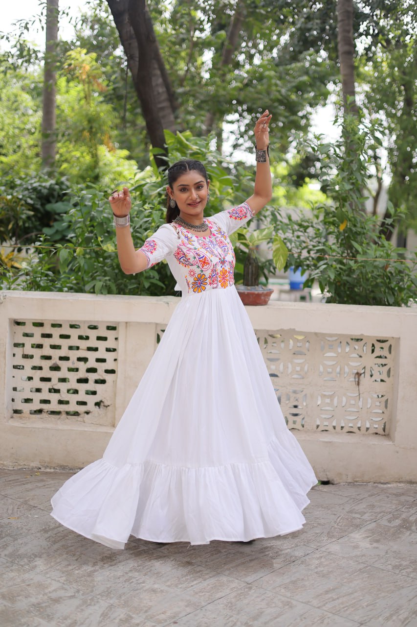 White Designer 14kg Rayon Gathering Frill Gown with Kutchi Gamthi Embroidery