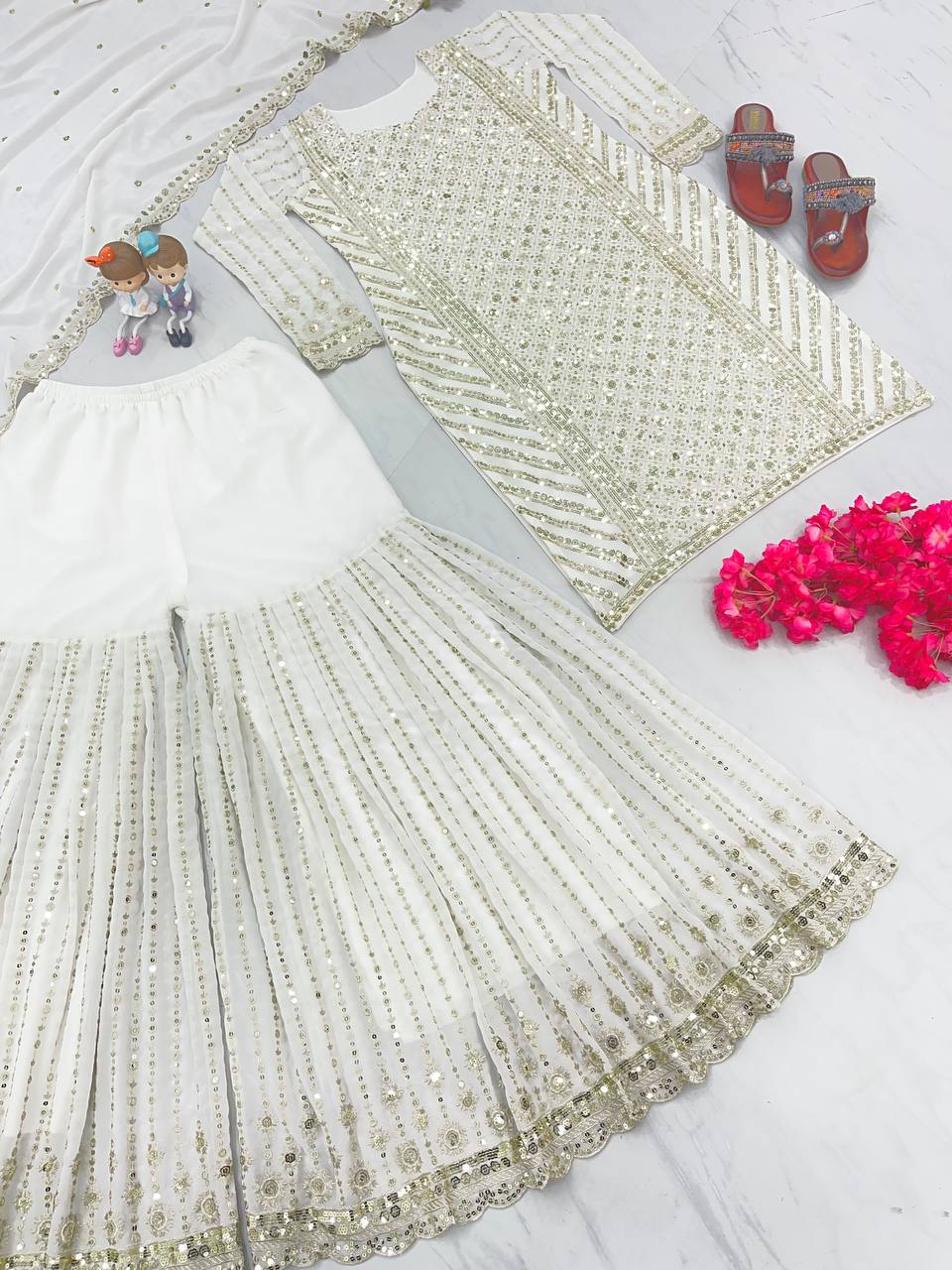 White Designer Attractive Sequence Work Sharara Suit