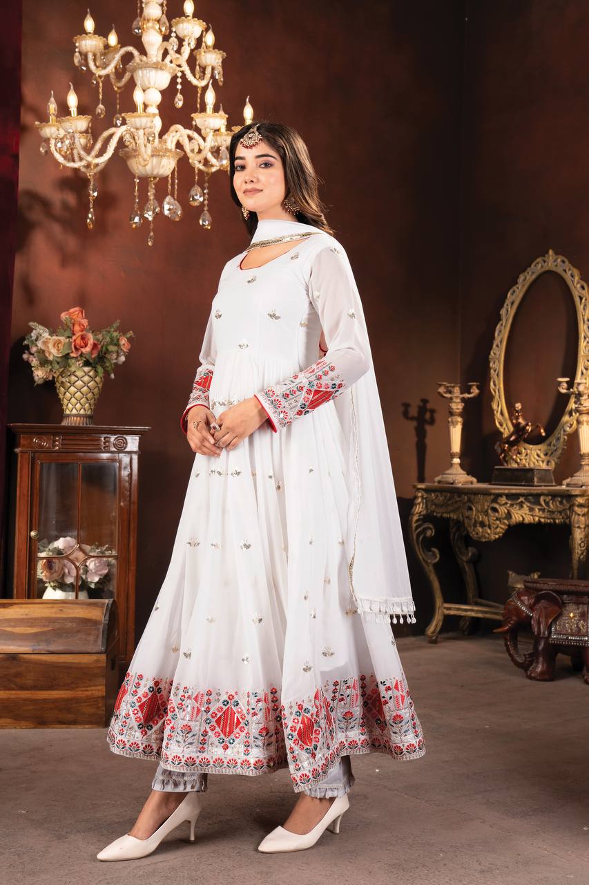 White Designer Faux Blooming Anarkali Suit with Heavy Sequins, Embroidery & Moti Lace Work