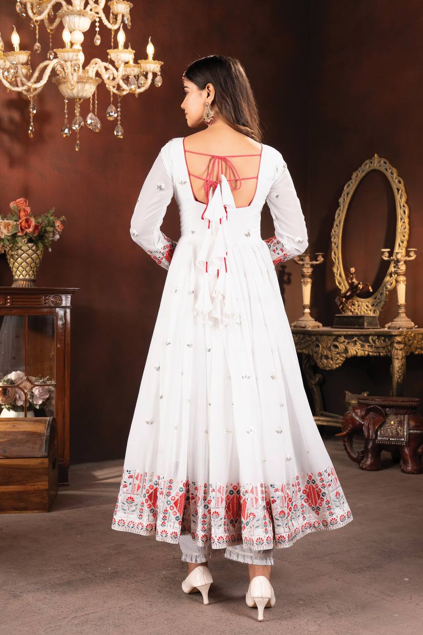 White Designer Faux Blooming Anarkali Suit with Heavy Sequins, Embroidery & Moti Lace Work