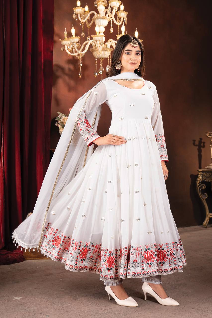 White Designer Faux Blooming Anarkali Suit with Heavy Sequins, Embroidery & Moti Lace Work