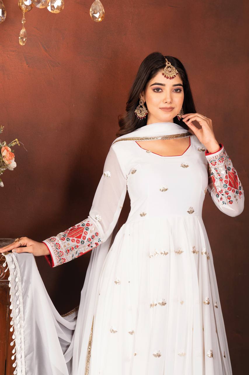 White Designer Faux Blooming Anarkali Suit with Heavy Sequins, Embroidery & Moti Lace Work