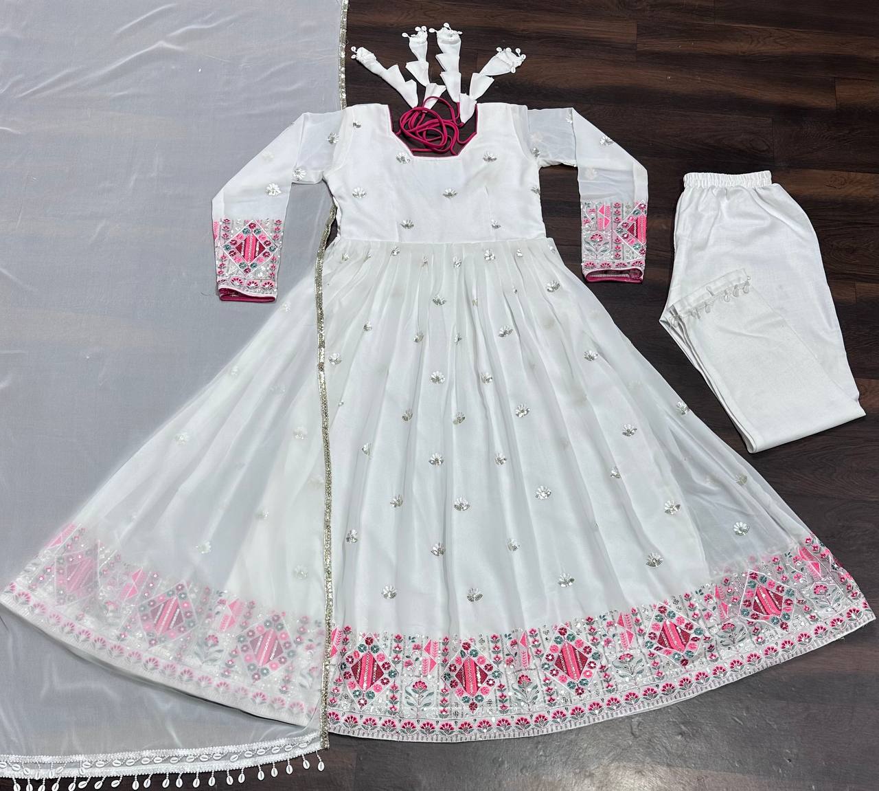White Designer Faux Blooming Anarkali Suit with Heavy Sequins, Embroidery & Moti Lace Work