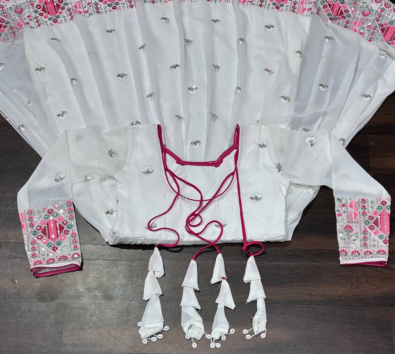 White Designer Faux Blooming Anarkali Suit with Heavy Sequins, Embroidery & Moti Lace Work
