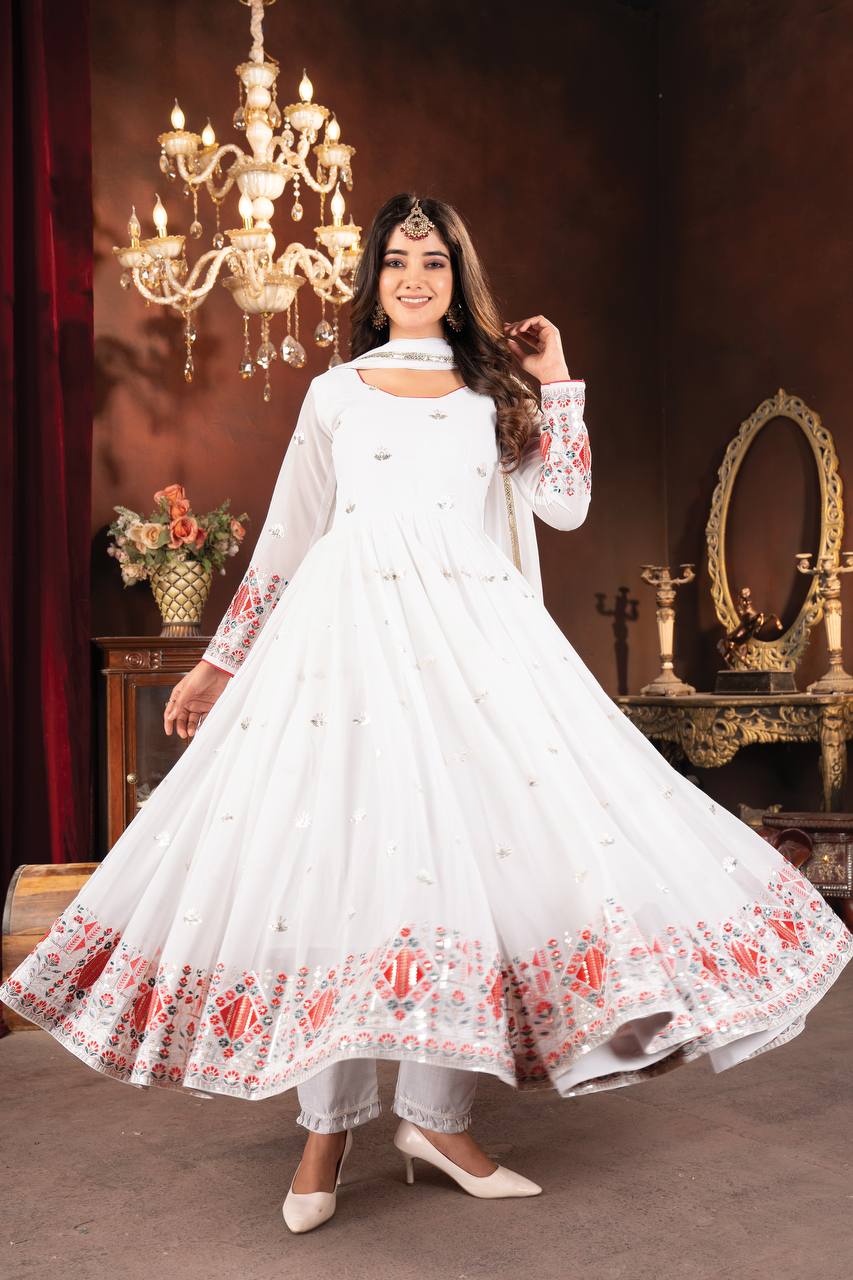 White Designer Faux Blooming Anarkali Suit with Heavy Sequins, Embroidery & Moti Lace Work
