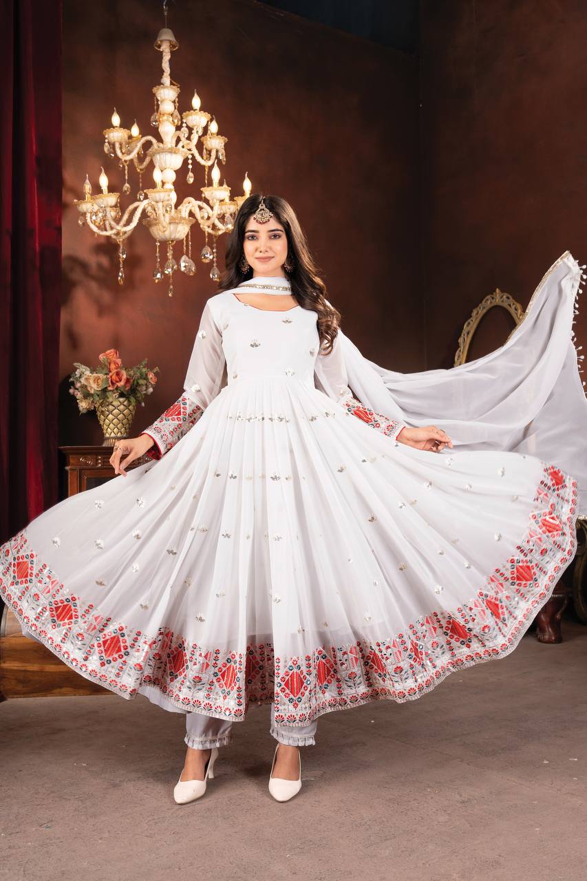 White Designer Faux Blooming Anarkali Suit with Heavy Sequins, Embroidery & Moti Lace Work