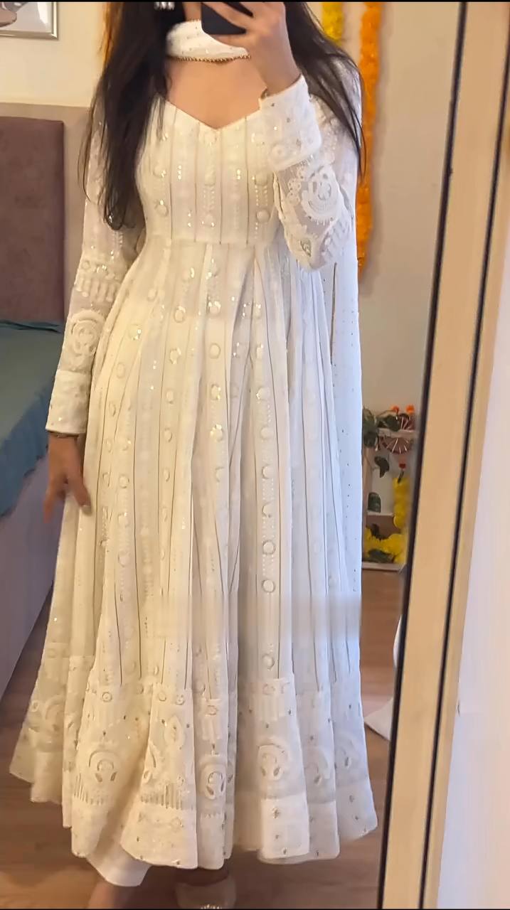 White Designer Faux Blooming Anarkali Suit with Heavy Sequins & Zari Embroidery, Pants & Dupatta
